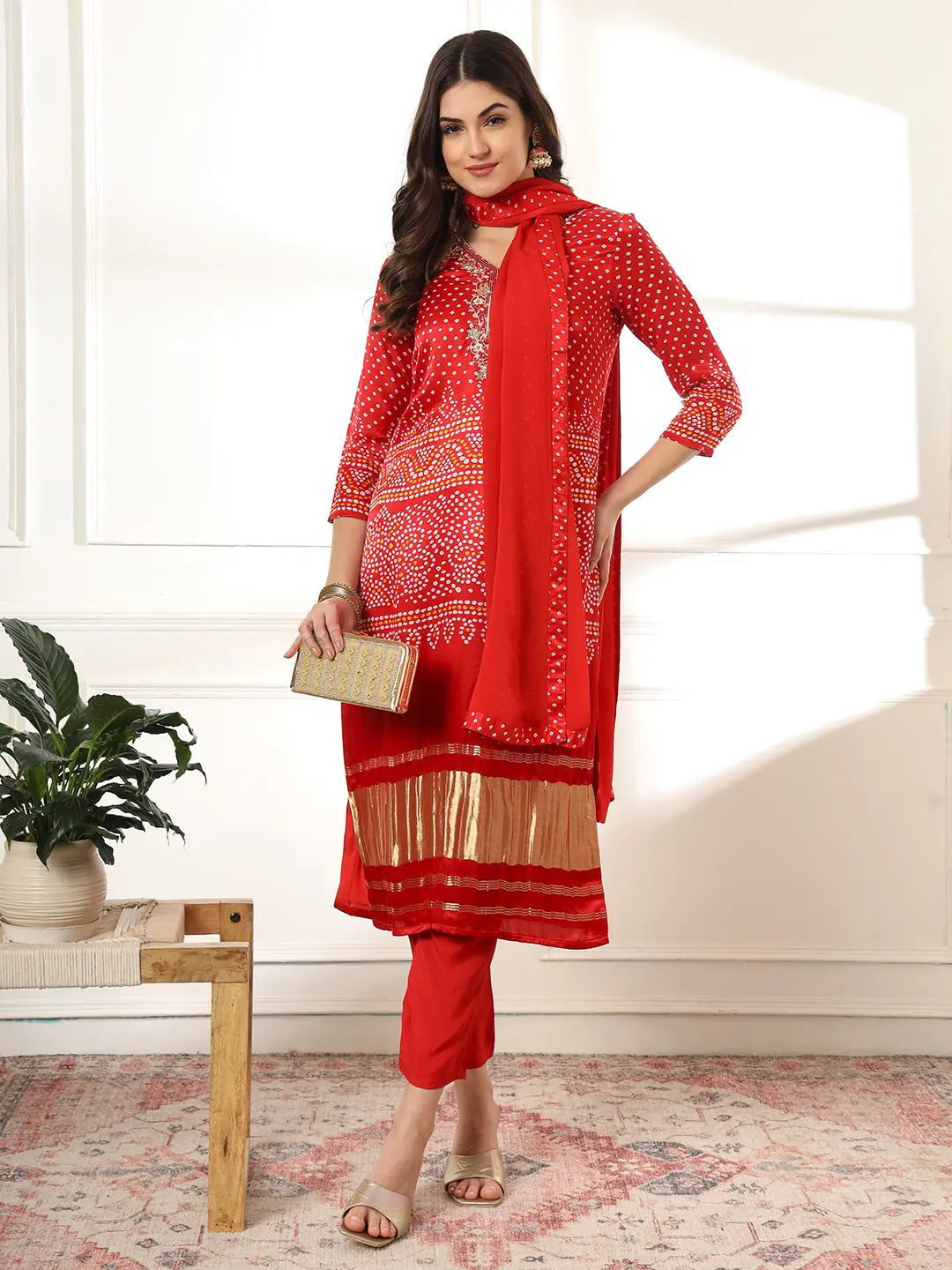 Yufta Red Gajji Silk Zari_Work Kurta Dupatta Pant Set | Grocsy