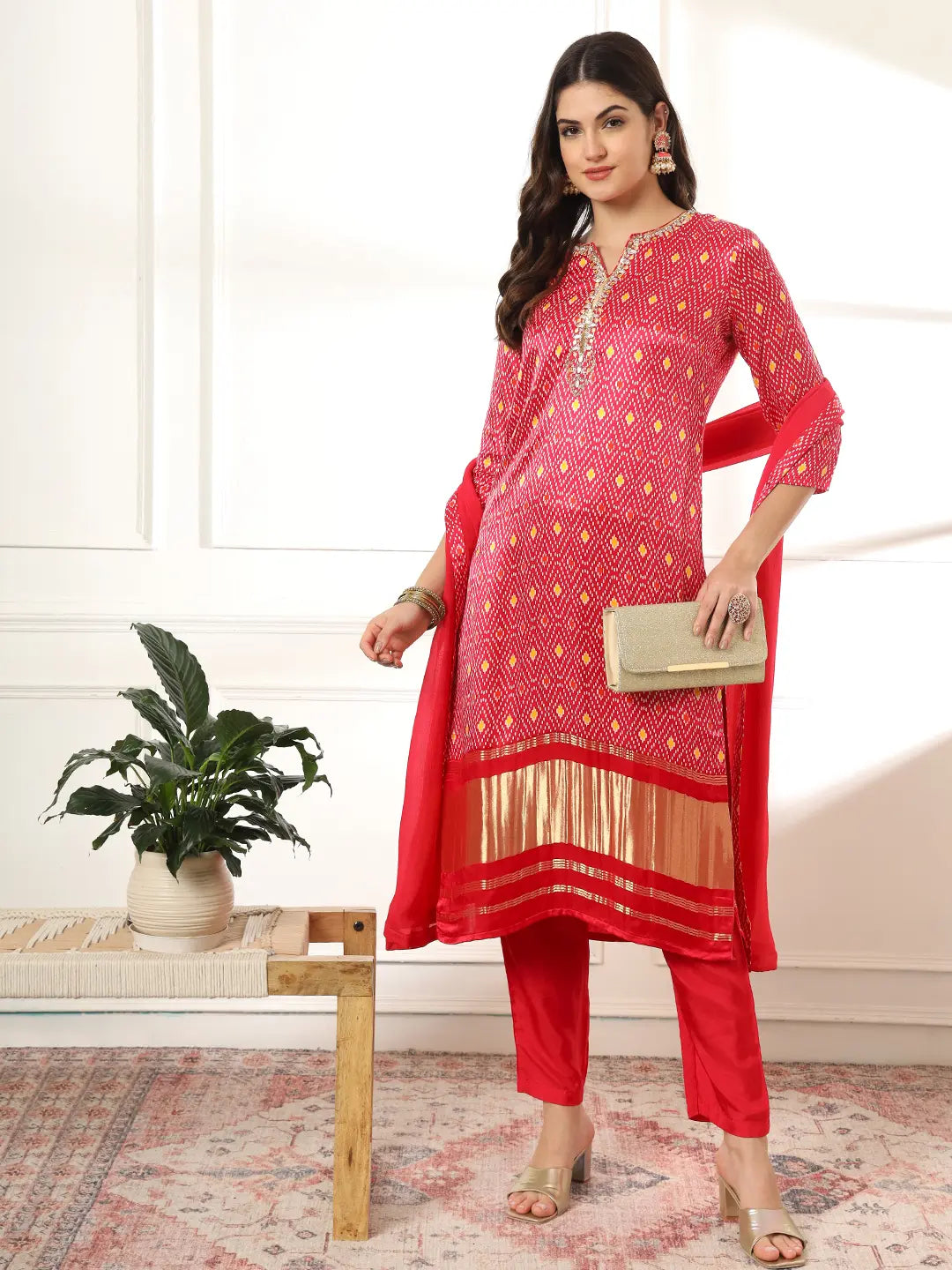 Yufta Pink Gajji Silk Zari_Work Kurta with Trousers with dupatta Set | Grocsy