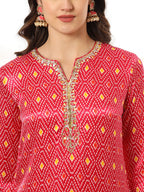 Yufta Pink Gajji Silk Zari_Work Kurta with Trousers with dupatta Set | Grocsy