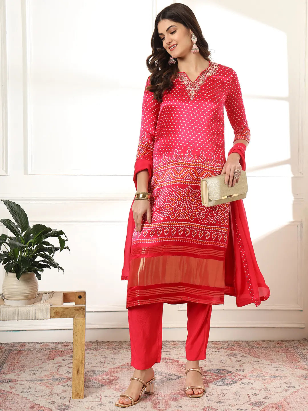 Yufta Hot Pink Gajji Silk Zari_Work Kurta Dupatta Pant Set | Grocsy