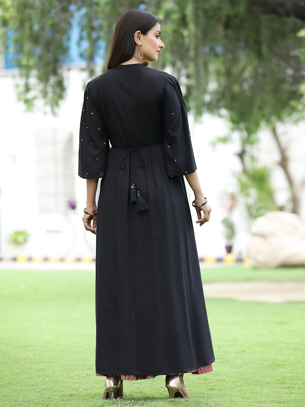 Juniper Women's Black Rayon Embroidered & Printed High-Slit Kurta Sets | Grocsy
