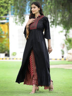 Juniper Black Thread Embroidered Rayon High Slit Kurta & Pants Set | Grocsy