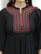 Juniper Black Thread Embroidered Rayon High Slit Kurta & Pants Set | Grocsy
