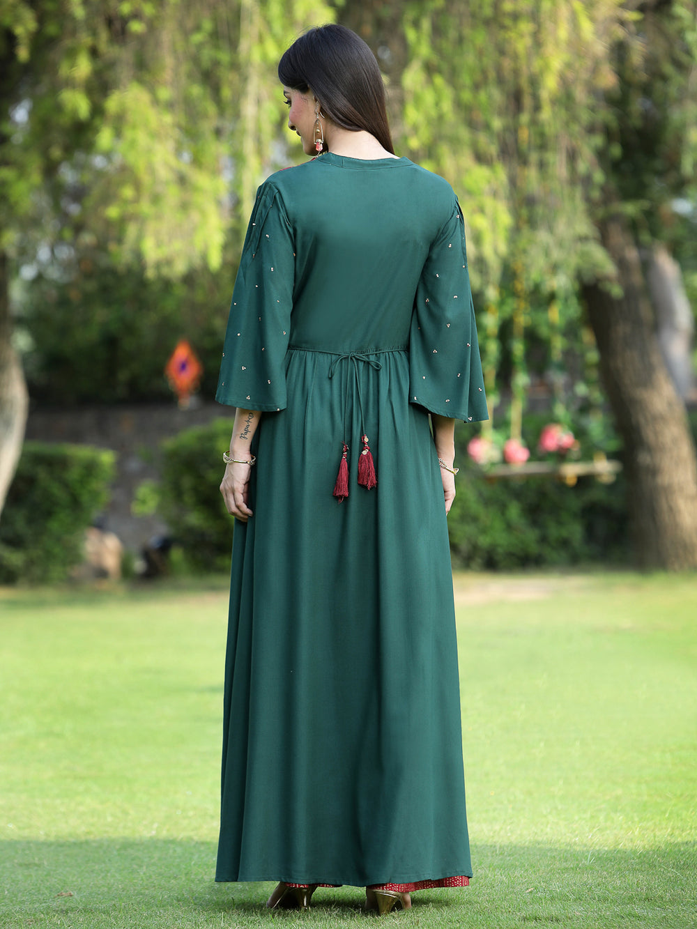 Juniper Women's Jadegreen Rayon Embroidered & Printed High-Slit Kurta Sets | Grocsy