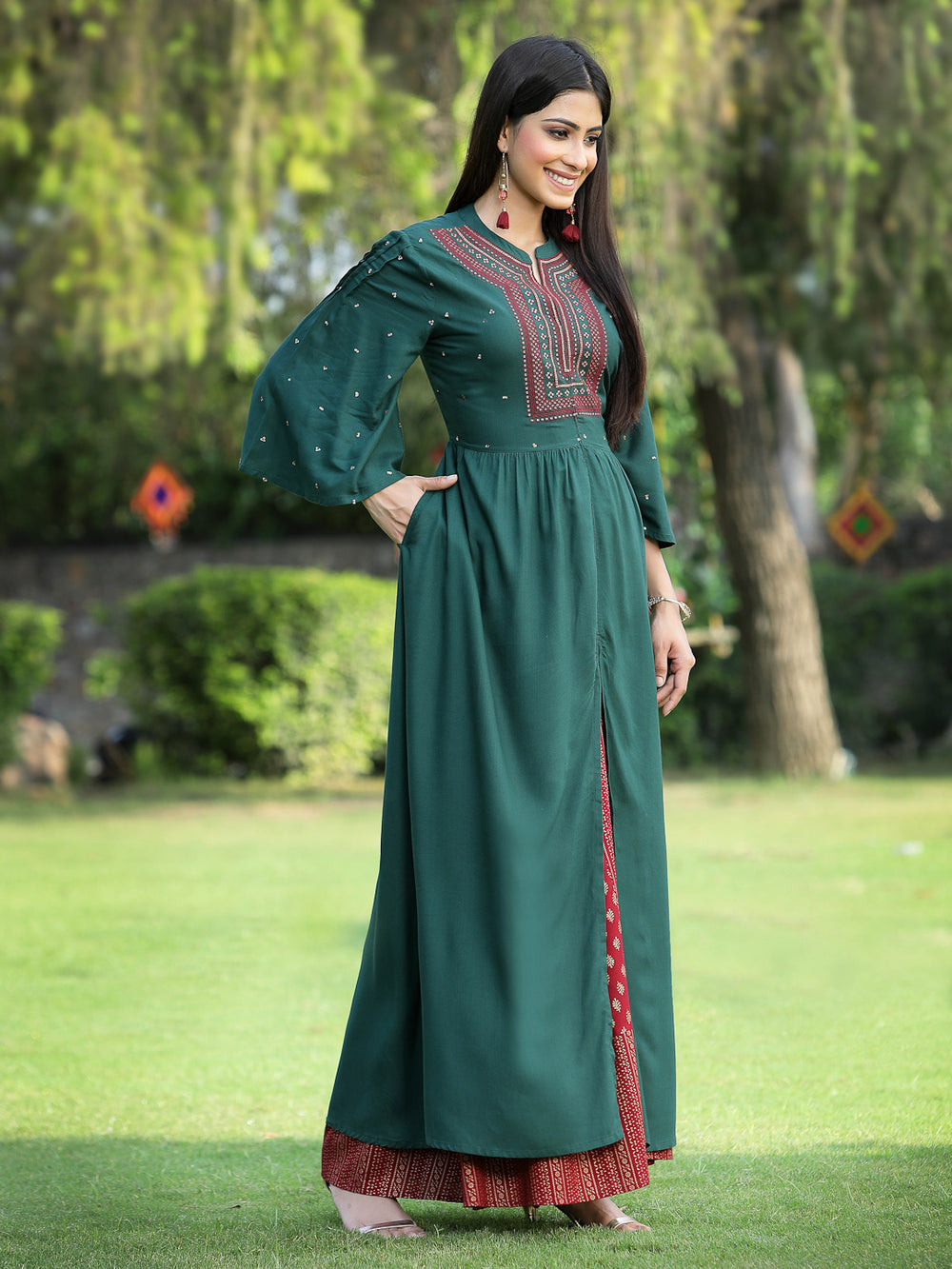 Juniper Women's Jadegreen Rayon Embroidered & Printed High-Slit Kurta Sets | Grocsy