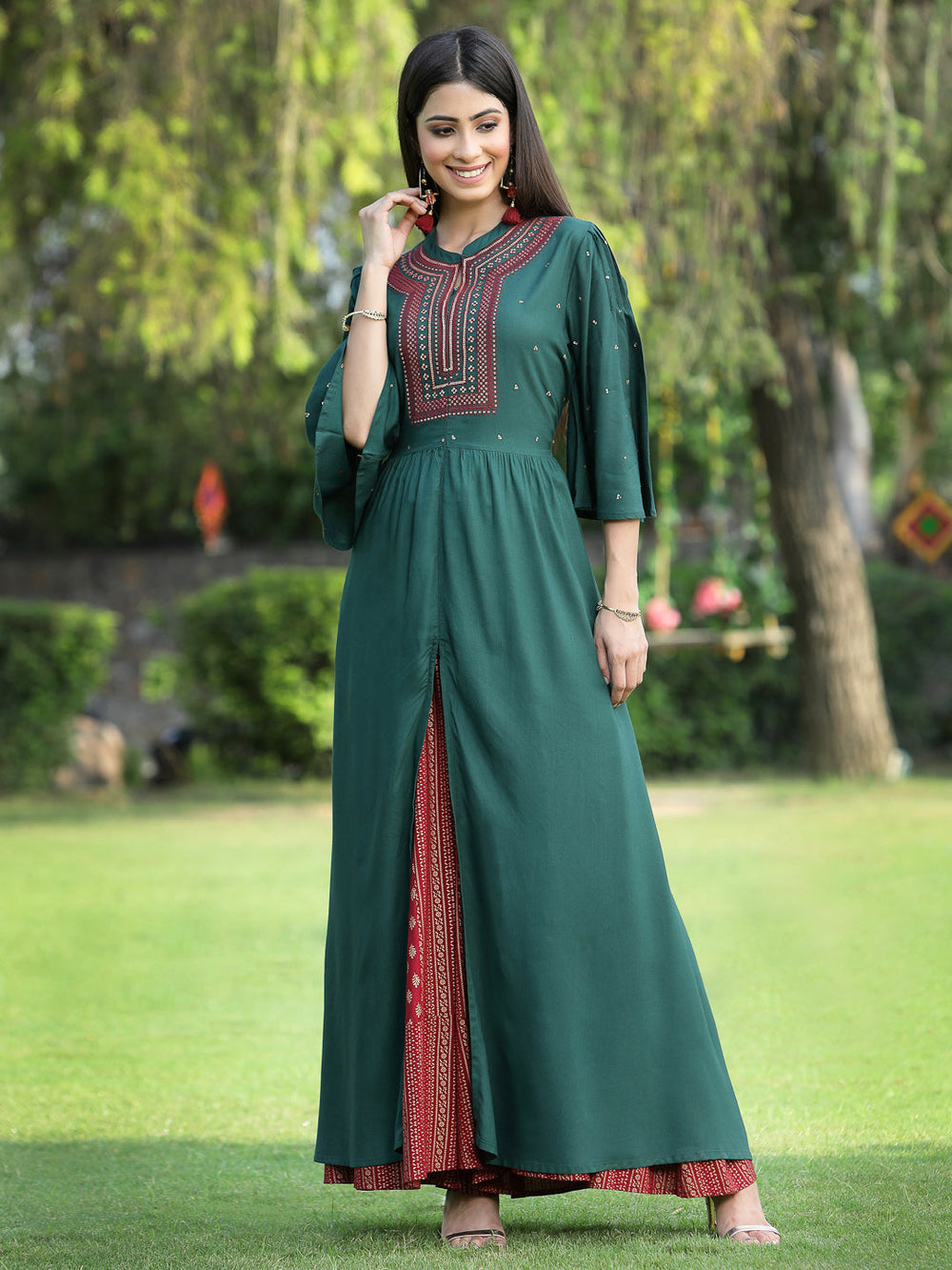 Juniper Women's Jadegreen Rayon Embroidered & Printed High-Slit Kurta Sets | Grocsy