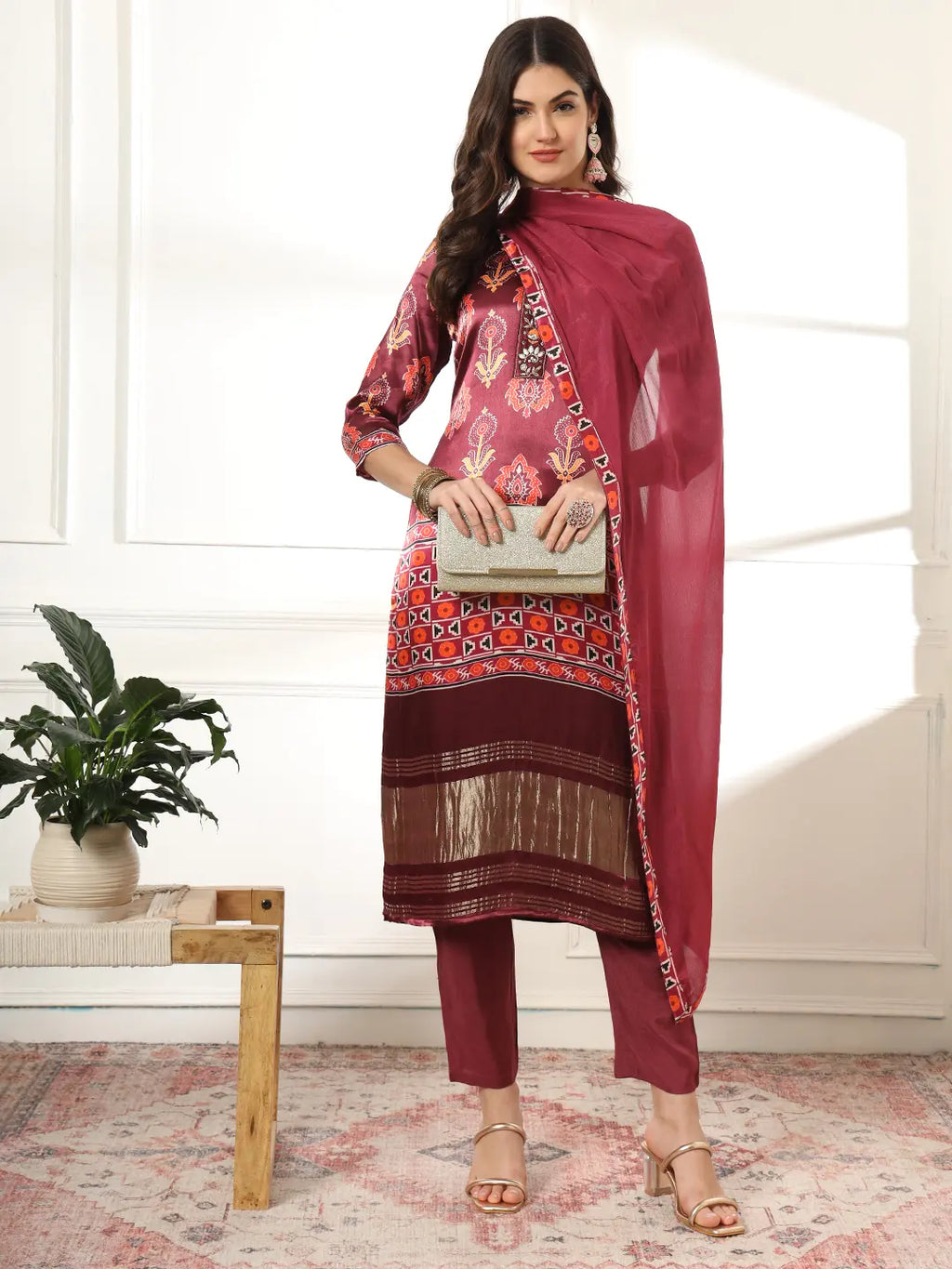 Yufta Burgundy Gajji Silk Kurta Dupatta Pant Set | Grocsy