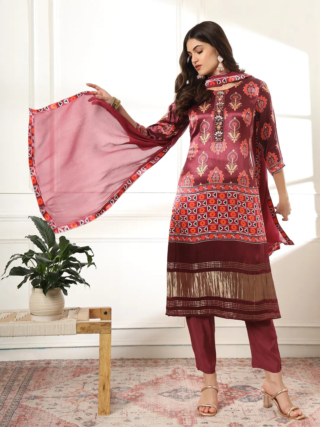 Yufta Burgundy Gajji Silk Kurta Dupatta Pant Set | Grocsy