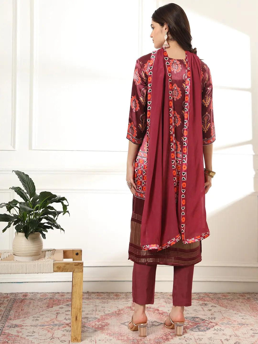 Yufta Burgundy Gajji Silk Kurta Dupatta Pant Set | Grocsy