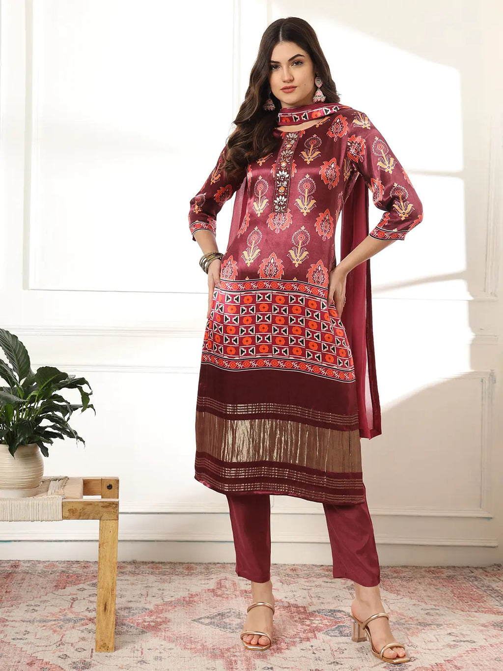 Yufta Burgundy Gajji Silk Kurta Dupatta Pant Set | Grocsy