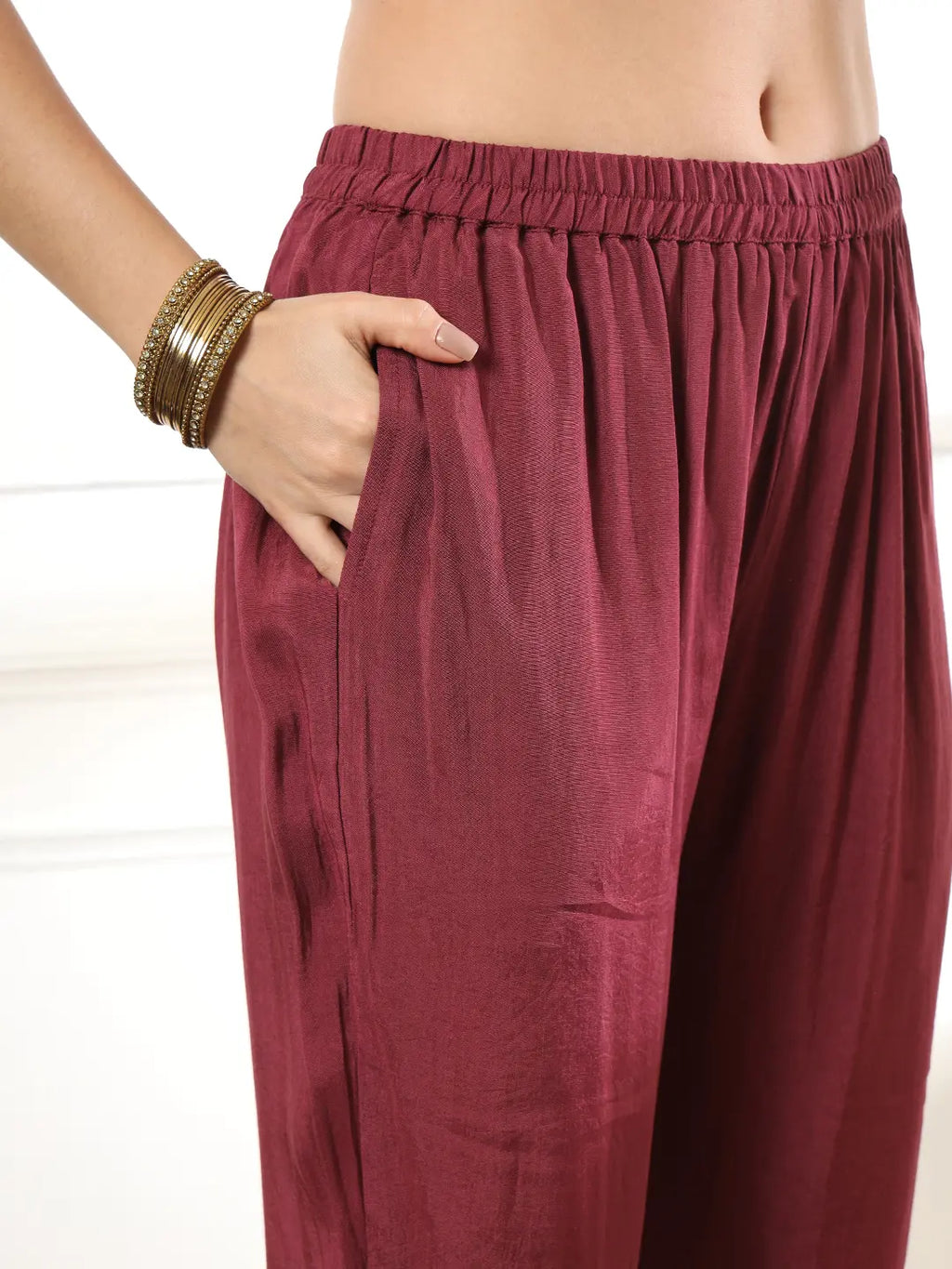 Yufta Burgundy Gajji Silk Kurta Dupatta Pant Set | Grocsy