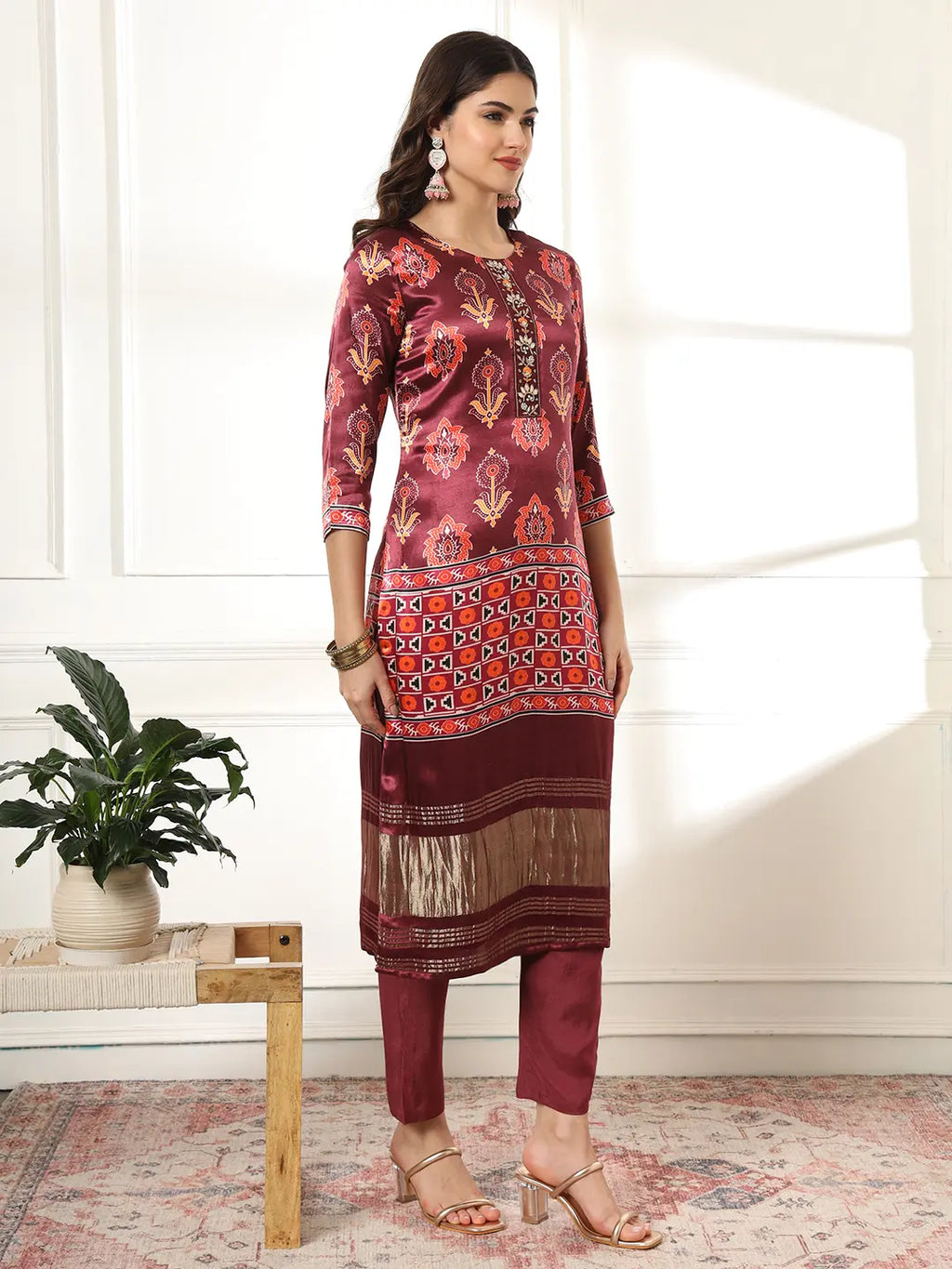 Yufta Burgundy Gajji Silk Kurta Dupatta Pant Set | Grocsy