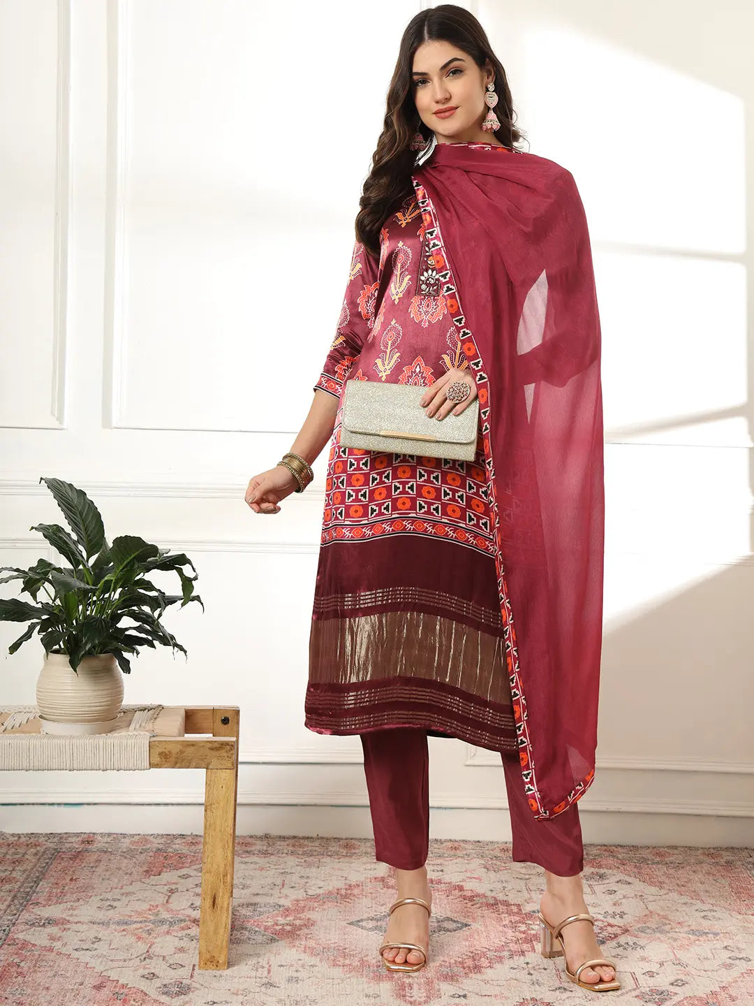 Yufta Burgundy Gajji Silk Kurta Dupatta Pant Set | Grocsy