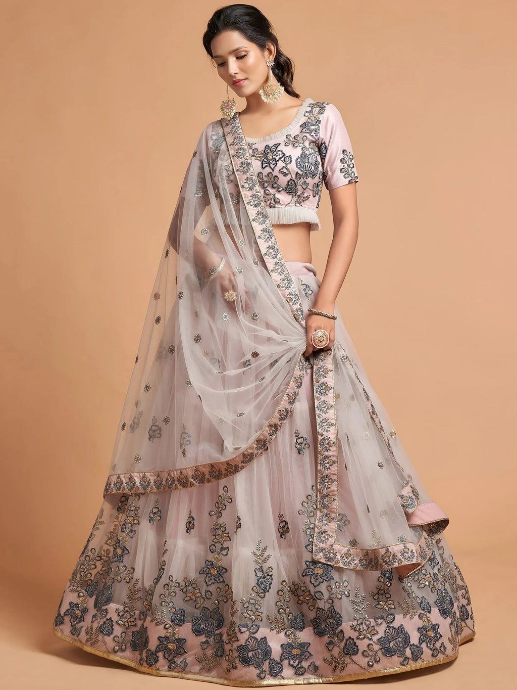 Tulsi Art Brilliant Grey Zari Embroidered Net Party Wear Lehenga Choli | Grocsy