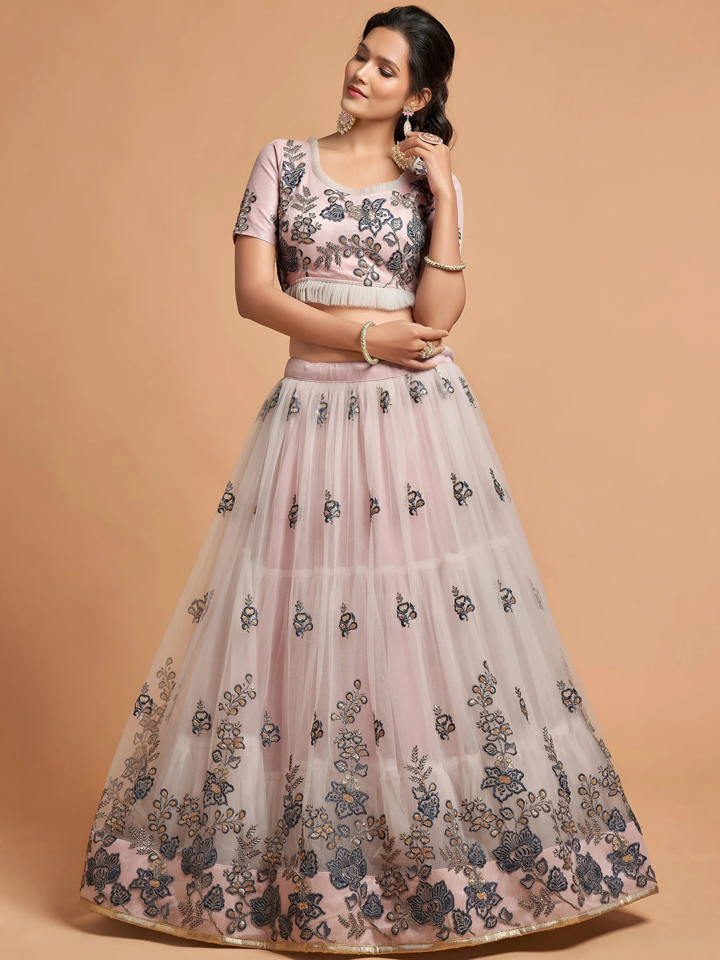 Tulsi Art Brilliant Grey Zari Embroidered Net Party Wear Lehenga Choli | Grocsy