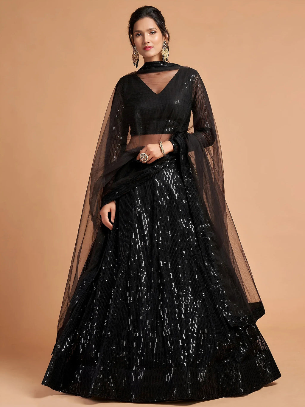 Tulsi Art Stunning Black Thread Embroidered Net Party Wear Lehenga Choli | Grocsy