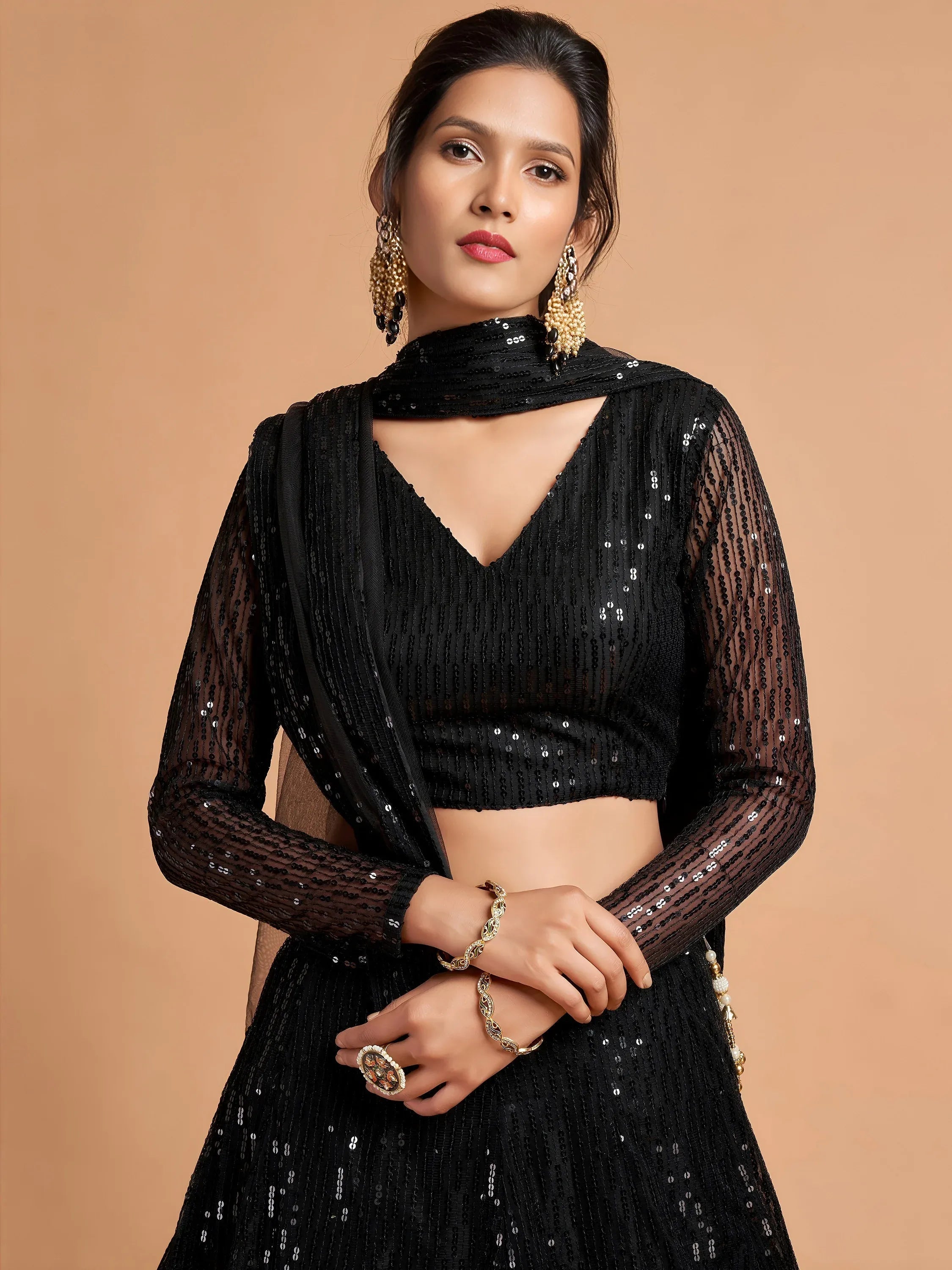 Tulsi Art Stunning Black Thread Embroidered Net Party Wear Lehenga Choli | Grocsy