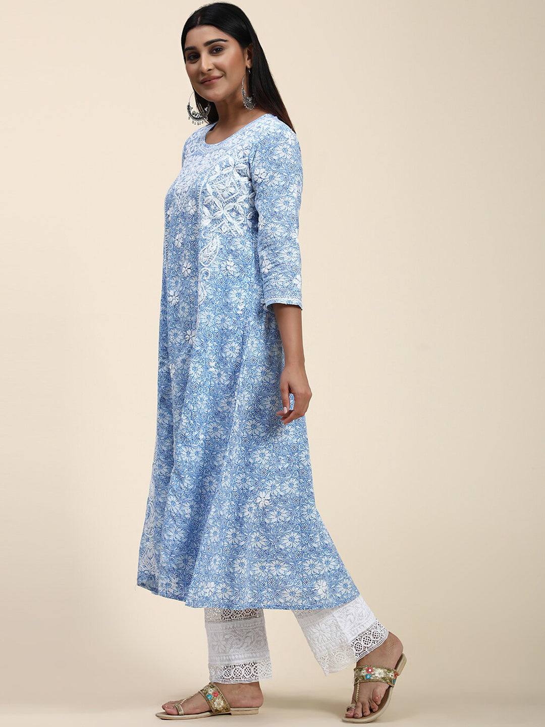 HOUSE OF KARI Floral Embroidered Chikankari Cotton Anarkali Kurta | Grocsy