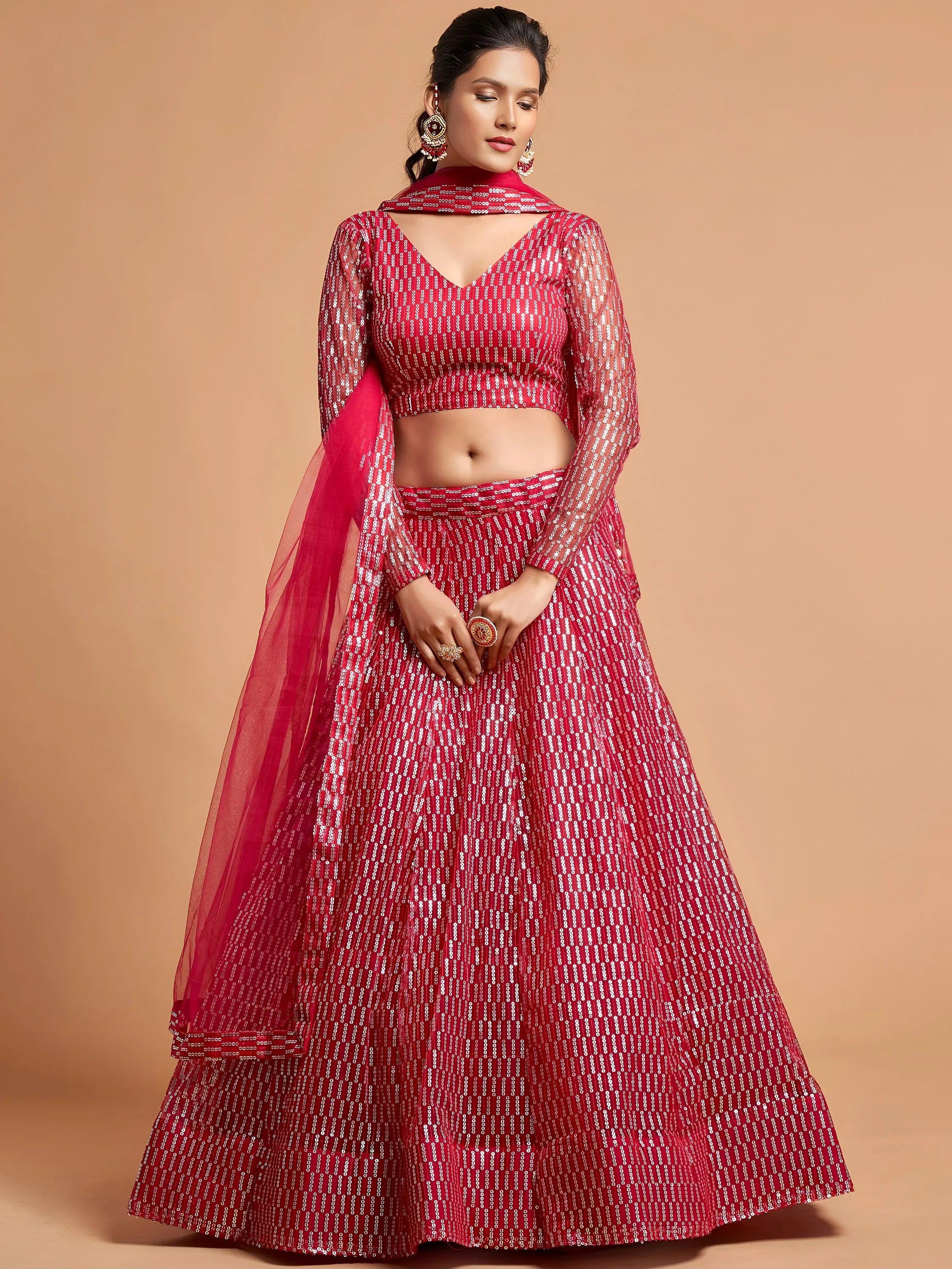 Tulsi Art Hot Pink Thread Embroidered Net Party Wear Lehenga Choli | Grocsy