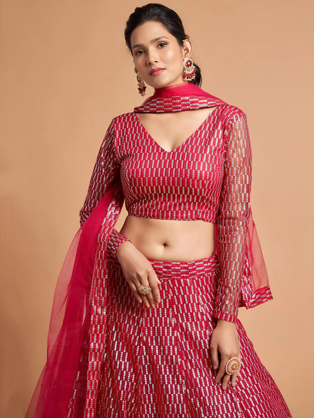 Tulsi Art Hot Pink Thread Embroidered Net Party Wear Lehenga Choli | Grocsy