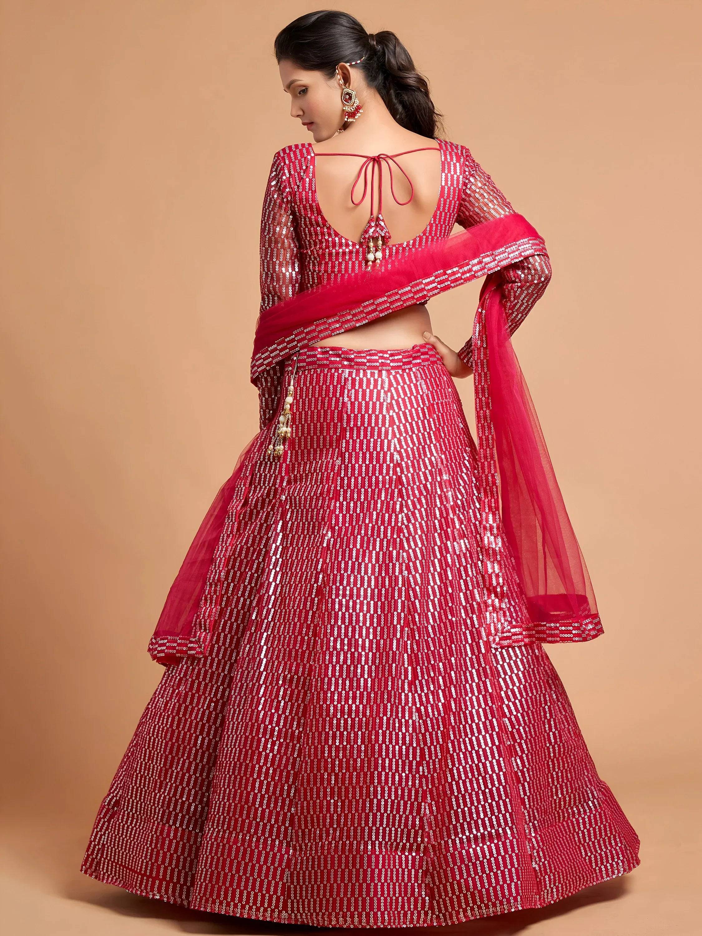 Tulsi Art Hot Pink Thread Embroidered Net Party Wear Lehenga Choli | Grocsy