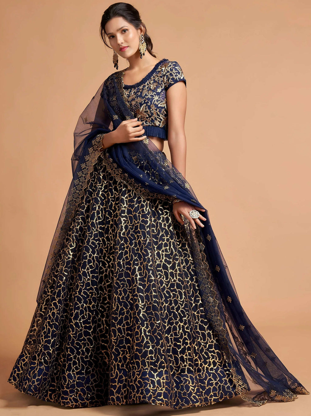 Tulsi Art Navy Blue Thread Embroidered Net Wedding Wear Lehenga Choli | Grocsy