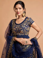 Tulsi Art Navy Blue Thread Embroidered Net Wedding Wear Lehenga Choli | Grocsy