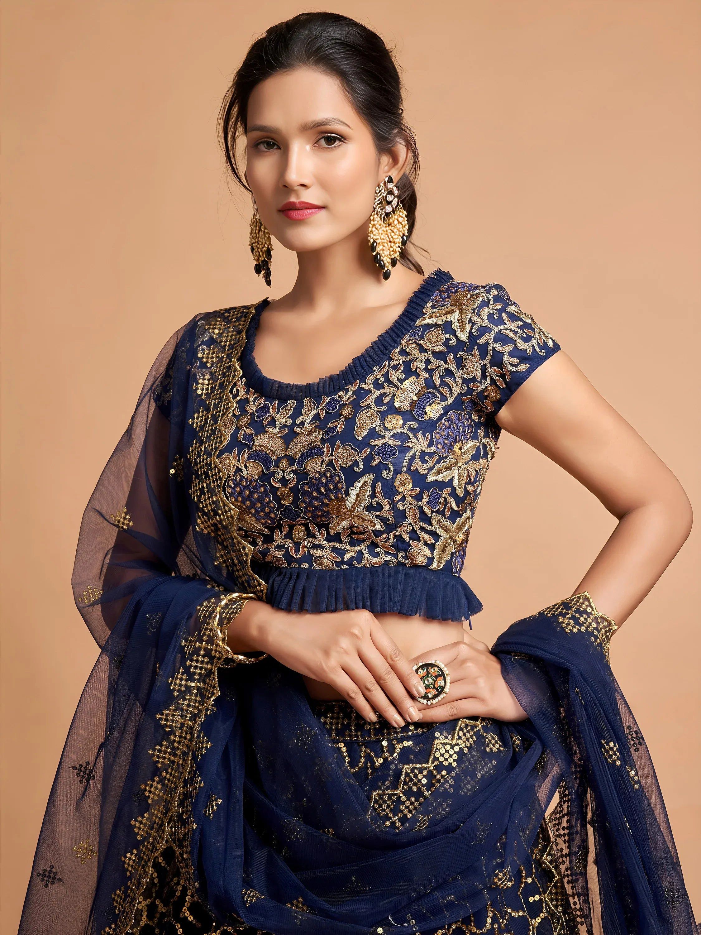 Tulsi Art Navy Blue Thread Embroidered Net Wedding Wear Lehenga Choli | Grocsy