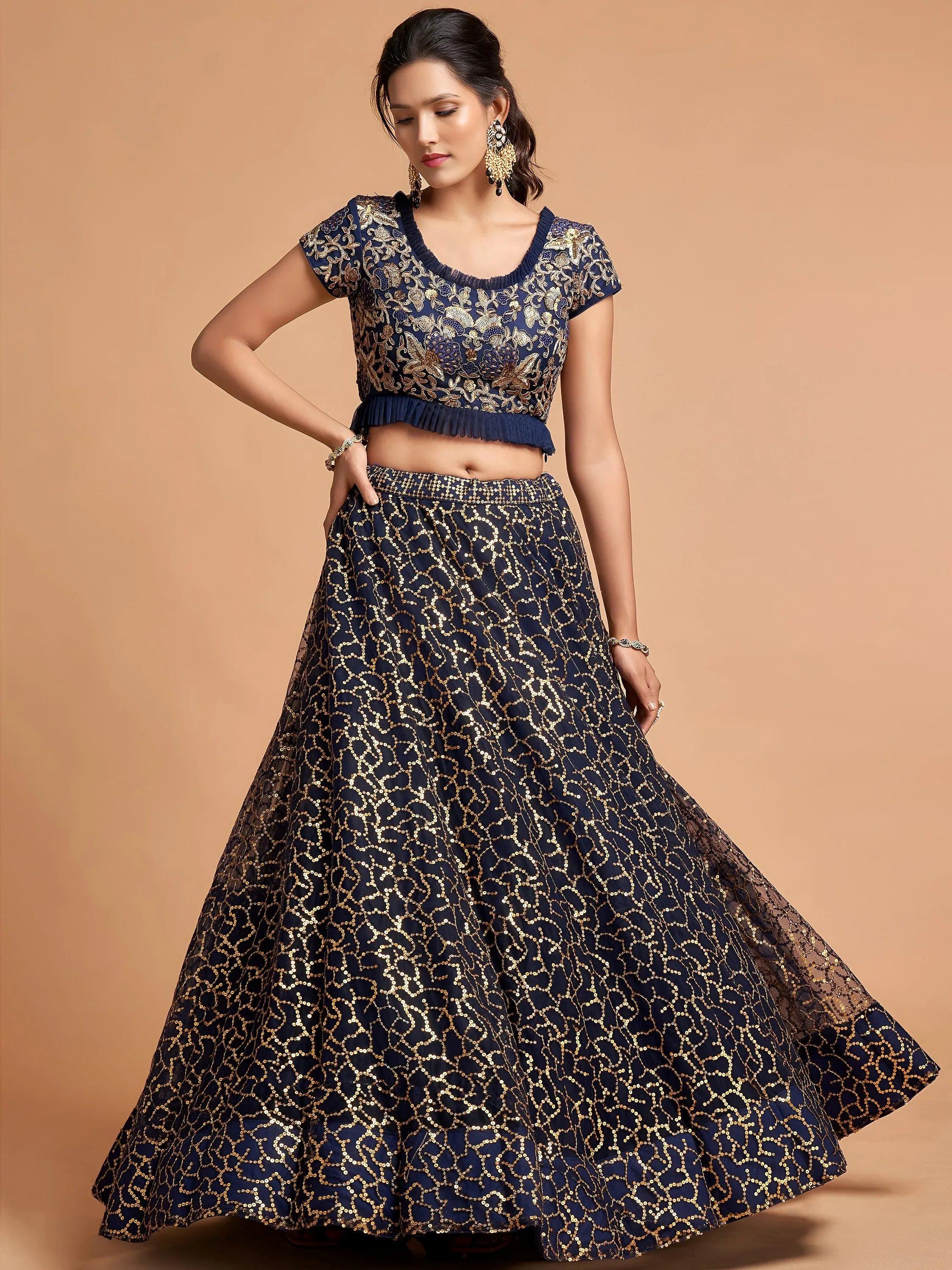 Tulsi Art Navy Blue Thread Embroidered Net Wedding Wear Lehenga Choli | Grocsy