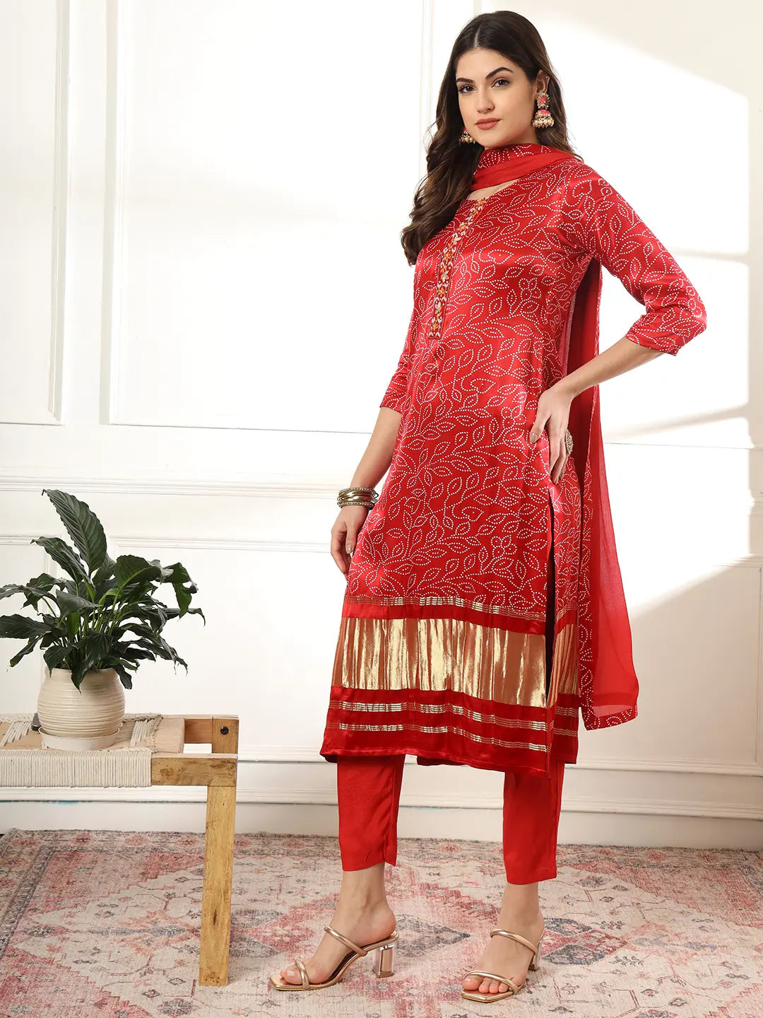 Yufta Maroon Gajji Silk Bandhani embroidered Kurta with Trousers with dupatta Set | Grocsy