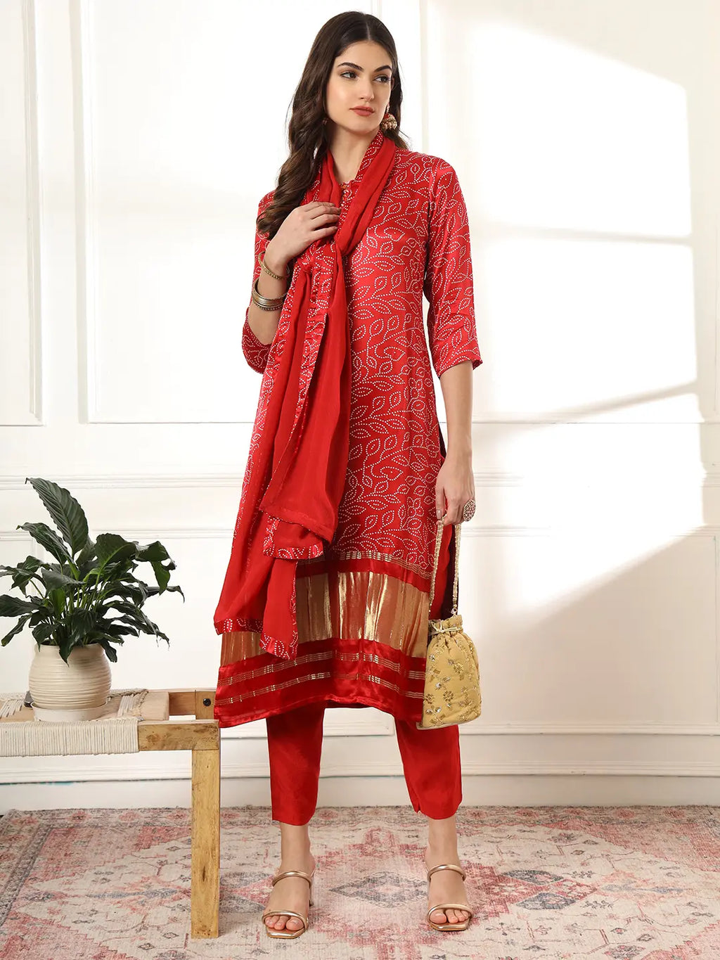 Yufta Maroon Gajji Silk Bandhani embroidered Kurta with Trousers with dupatta Set | Grocsy