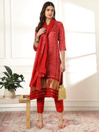 Yufta Maroon Gajji Silk Bandhani embroidered Kurta with Trousers with dupatta Set | Grocsy