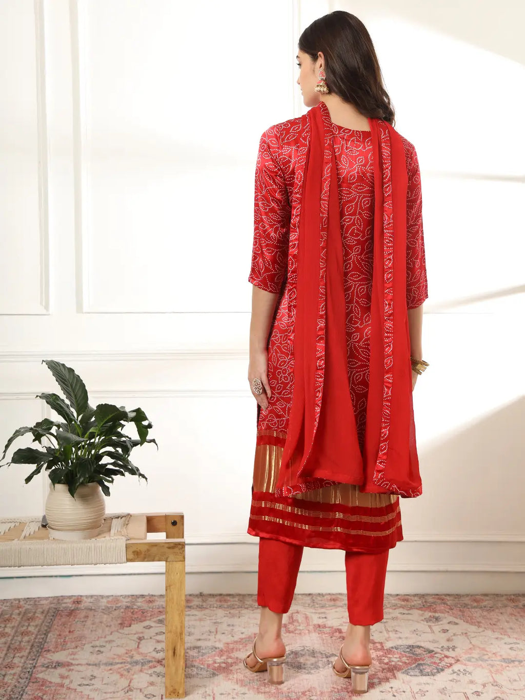 Yufta Maroon Gajji Silk Bandhani embroidered Kurta with Trousers with dupatta Set | Grocsy