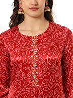 Yufta Maroon Gajji Silk Bandhani embroidered Kurta with Trousers with dupatta Set | Grocsy