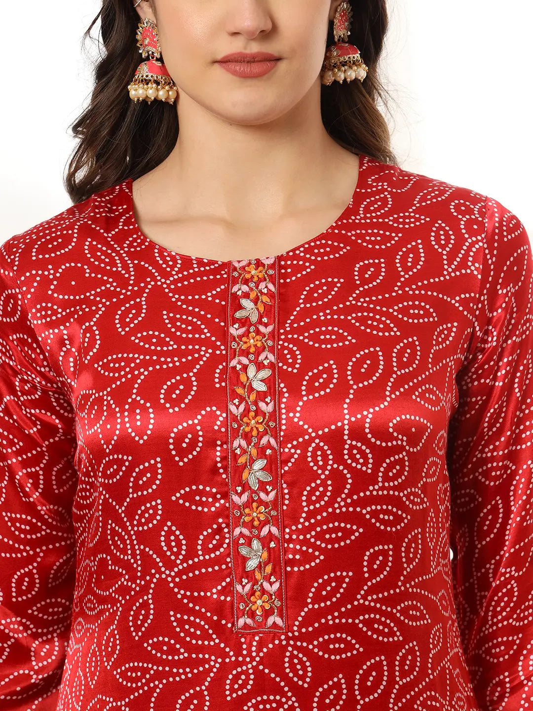 Yufta Maroon Gajji Silk Bandhani embroidered Kurta with Trousers with dupatta Set | Grocsy