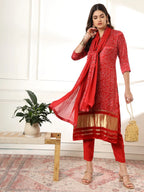 Yufta Maroon Gajji Silk Bandhani embroidered Kurta with Trousers with dupatta Set | Grocsy