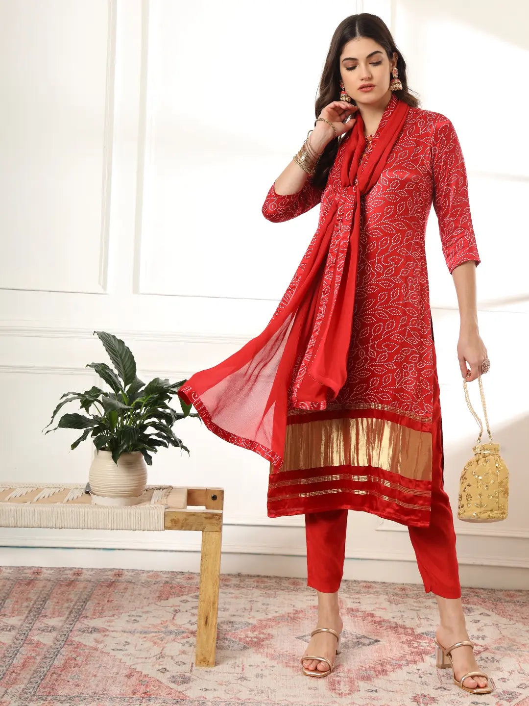 Yufta Maroon Gajji Silk Bandhani embroidered Kurta with Trousers with dupatta Set | Grocsy