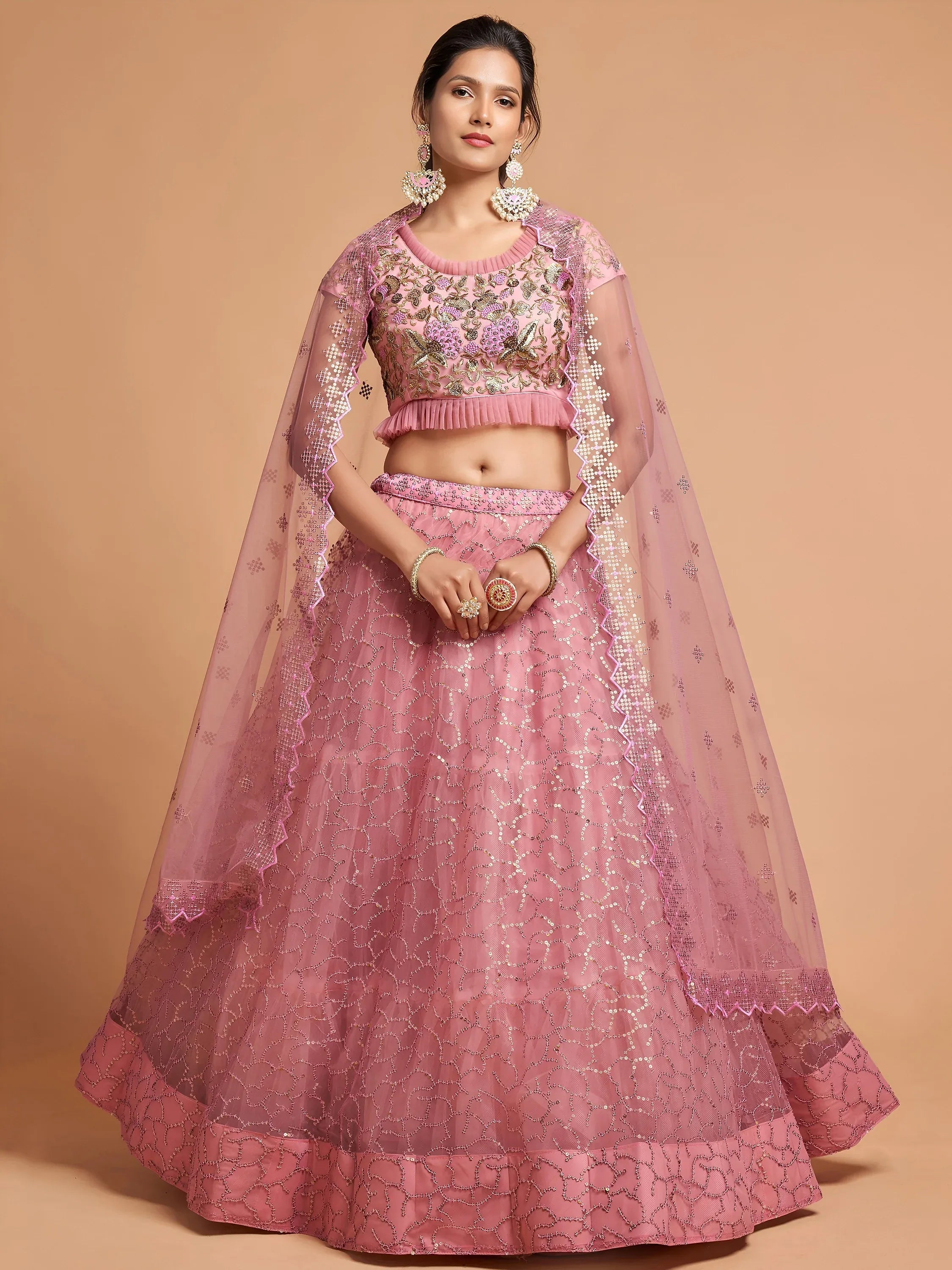 Tulsi Art Blush Pink Dori Thread Embroidered Net Wedding Lehenga Choli | Grocsy