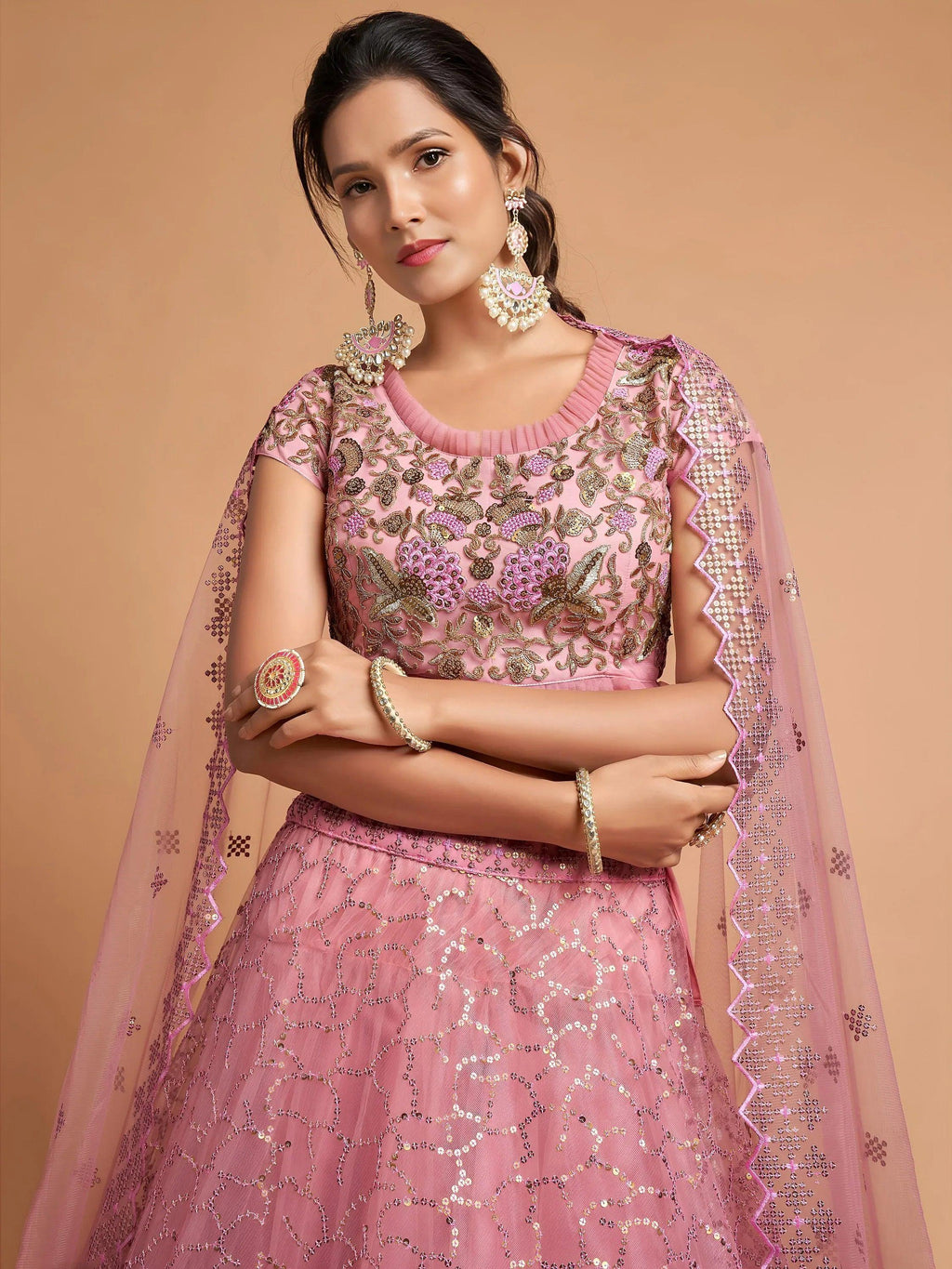 Tulsi Art Blush Pink Dori Thread Embroidered Net Wedding Lehenga Choli | Grocsy