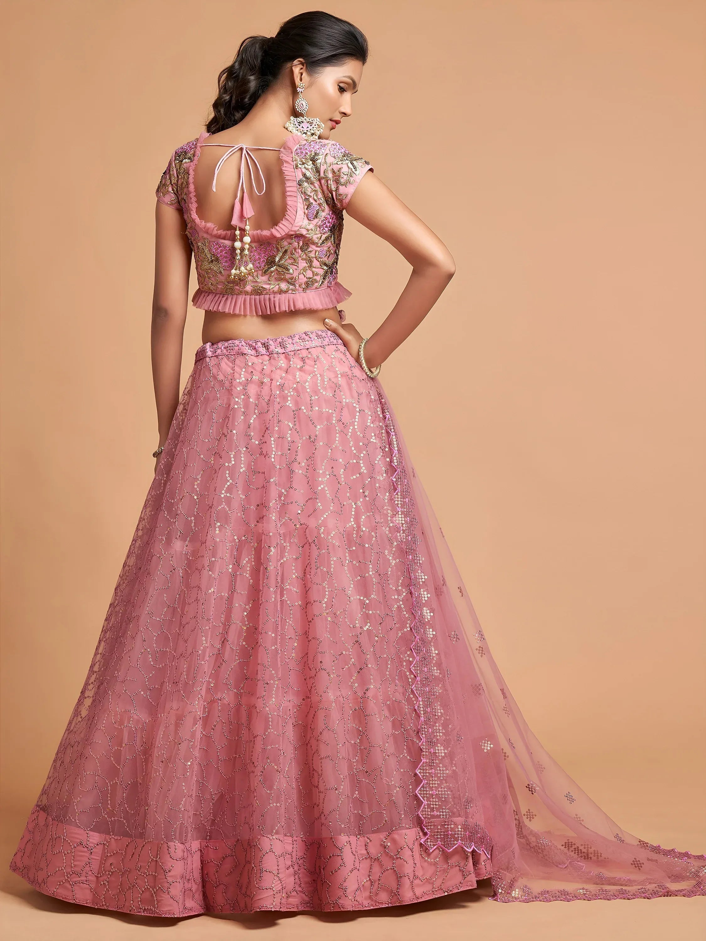 Tulsi Art Blush Pink Dori Thread Embroidered Net Wedding Lehenga Choli | Grocsy