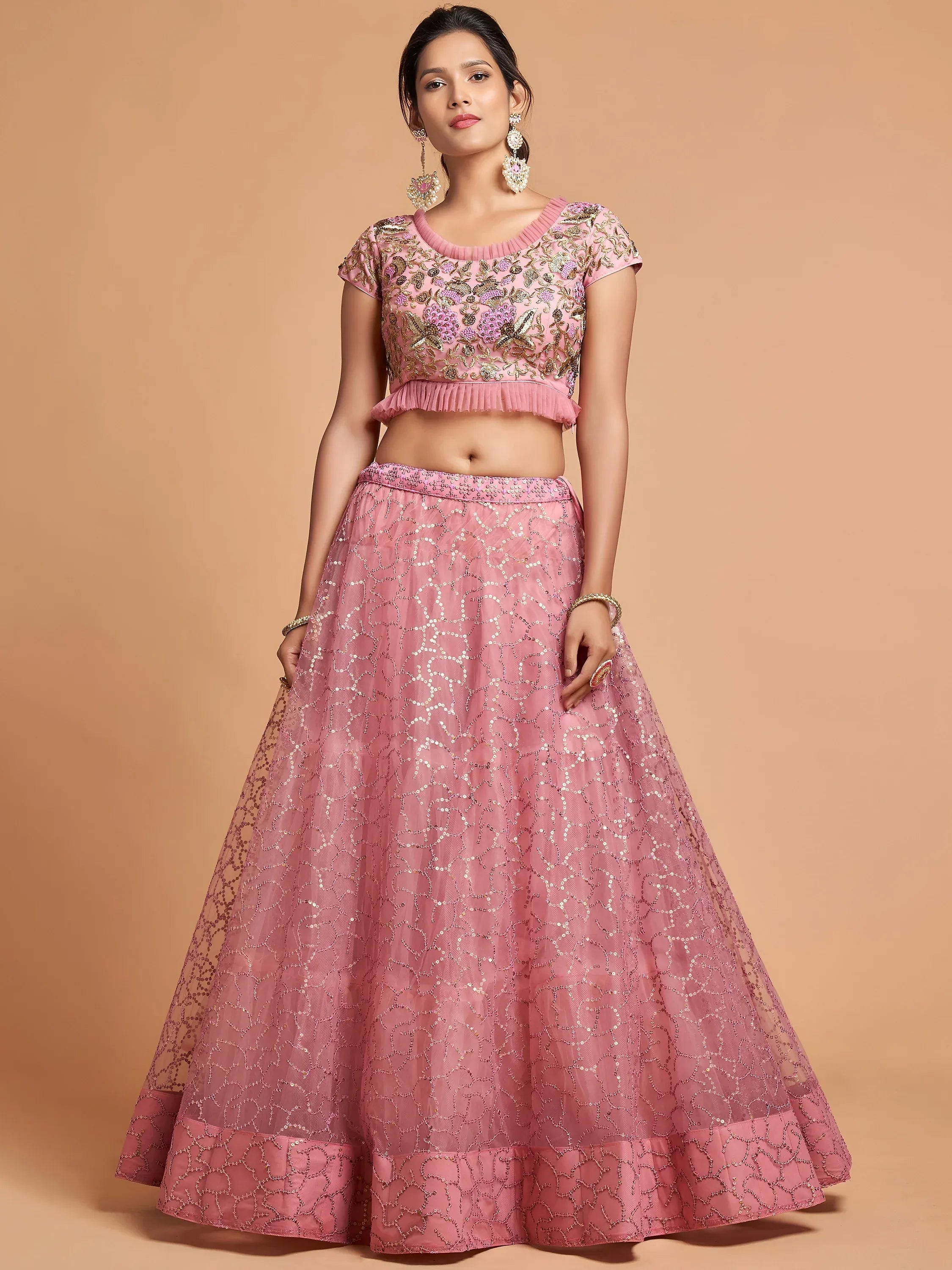 Tulsi Art Blush Pink Dori Thread Embroidered Net Wedding Lehenga Choli | Grocsy