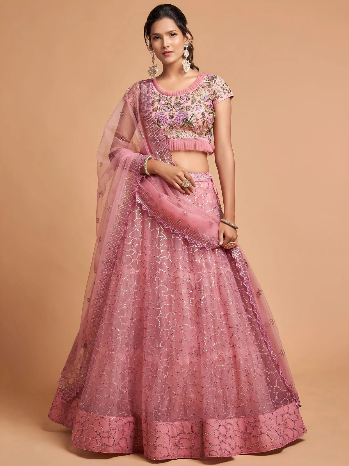 Tulsi Art Blush Pink Dori Thread Embroidered Net Wedding Lehenga Choli | Grocsy