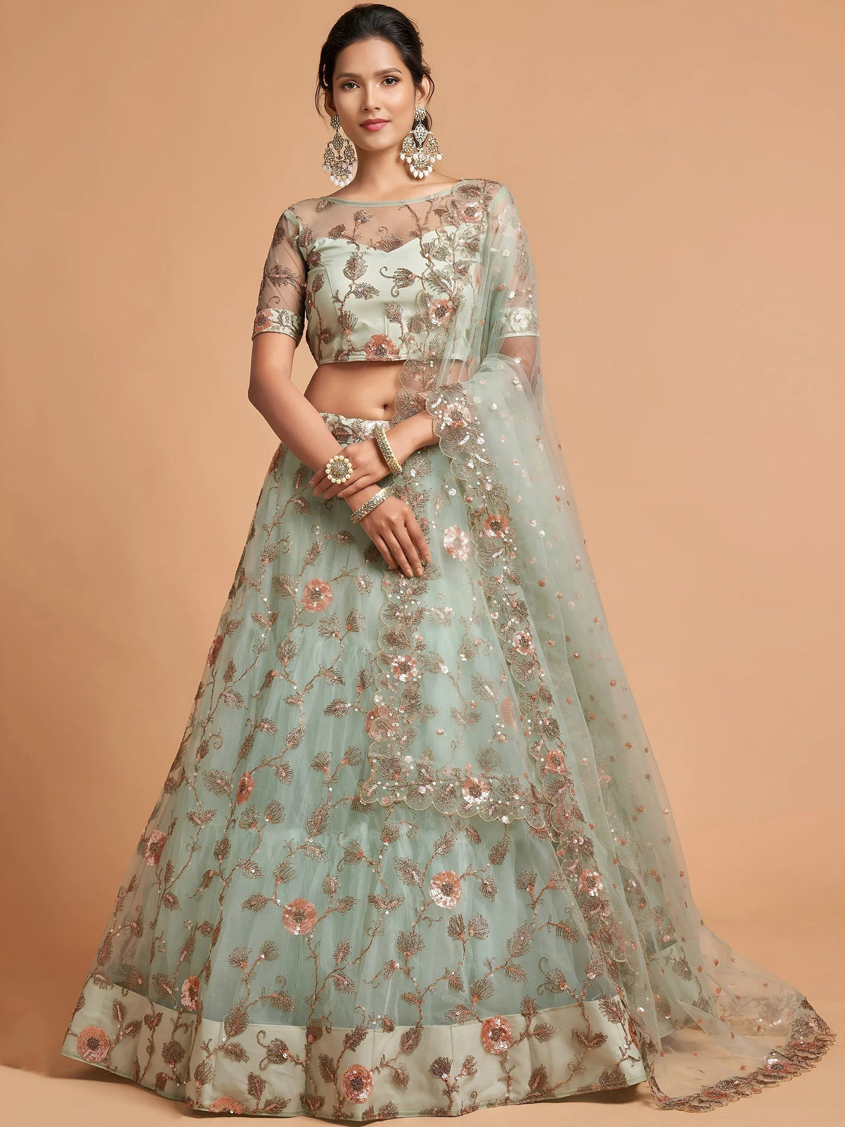 Tulsi Art Pista Green Dori Thread Embroidered Net Wedding Lehenga Choli | Grocsy