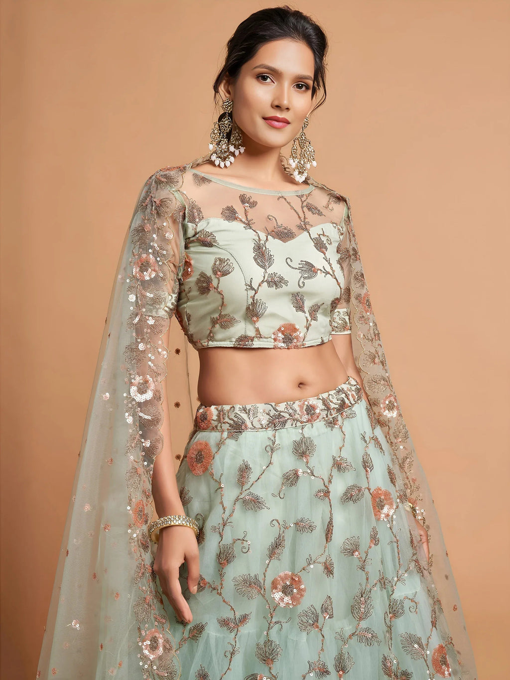 Tulsi Art Pista Green Dori Thread Embroidered Net Wedding Lehenga Choli | Grocsy
