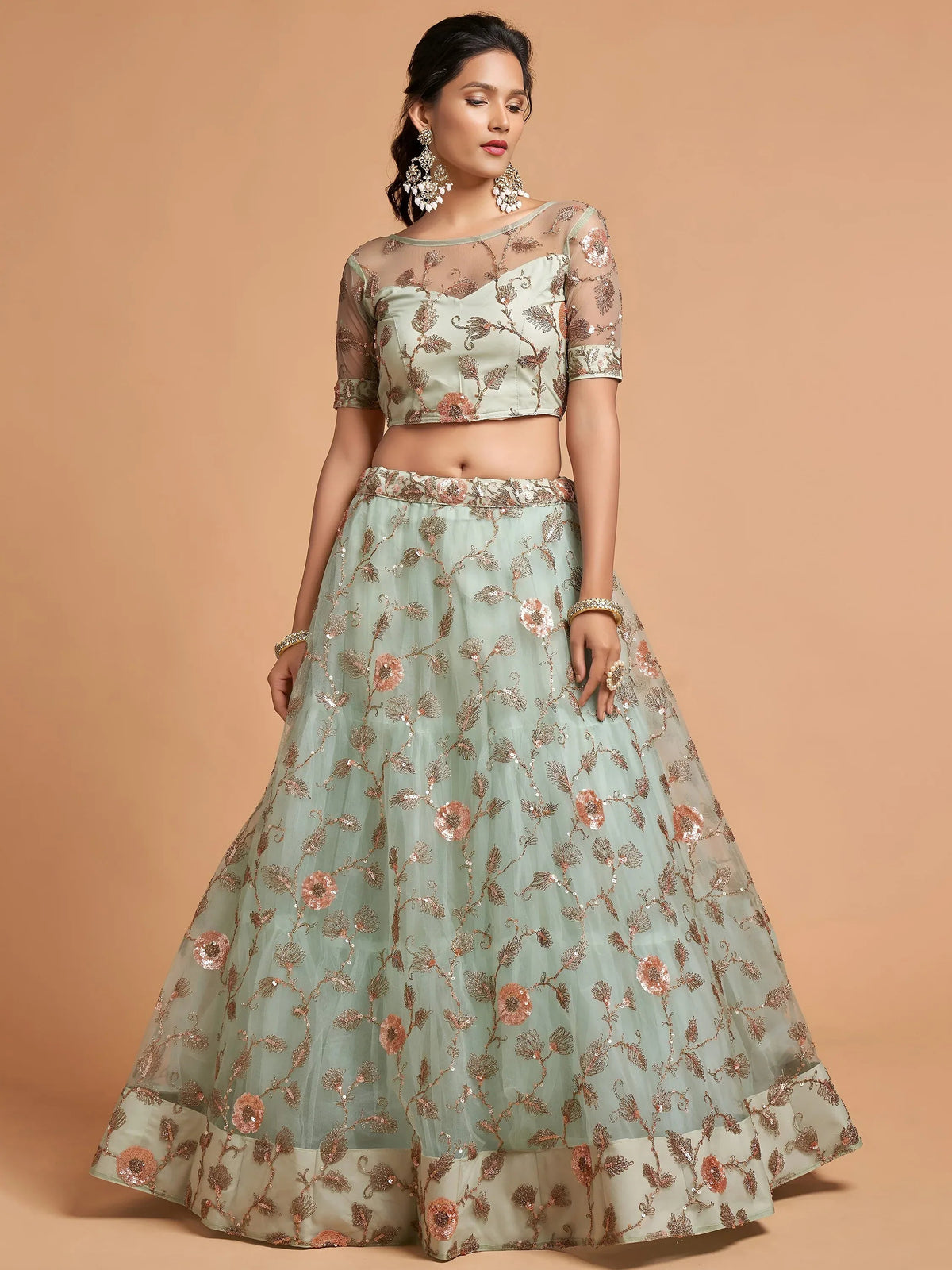 Tulsi Art Pista Green Dori Thread Embroidered Net Wedding Lehenga Choli | Grocsy