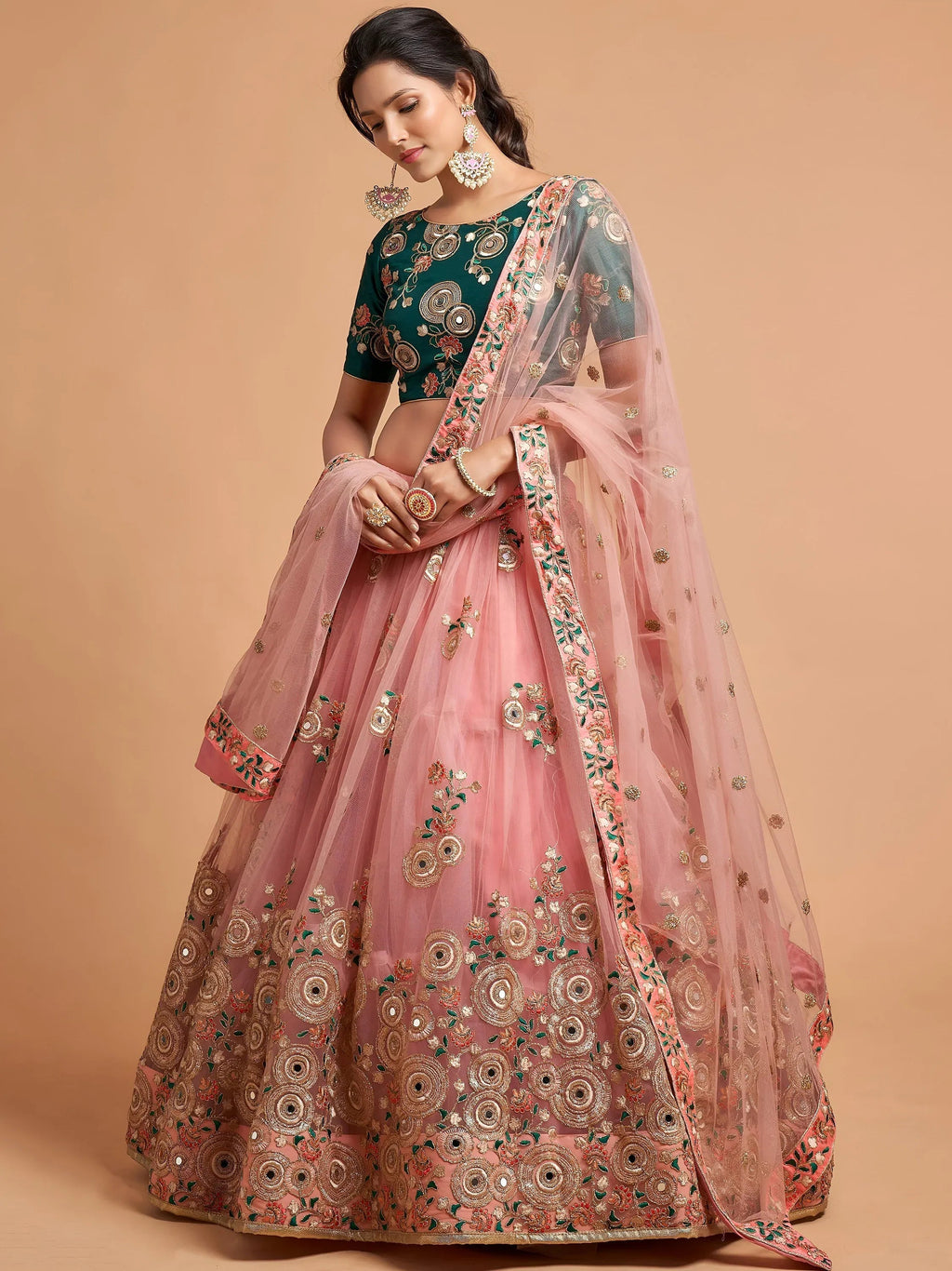Tulsi Art Peach Thread Embroidered Net Party Wear Lehenga Choli | Grocsy