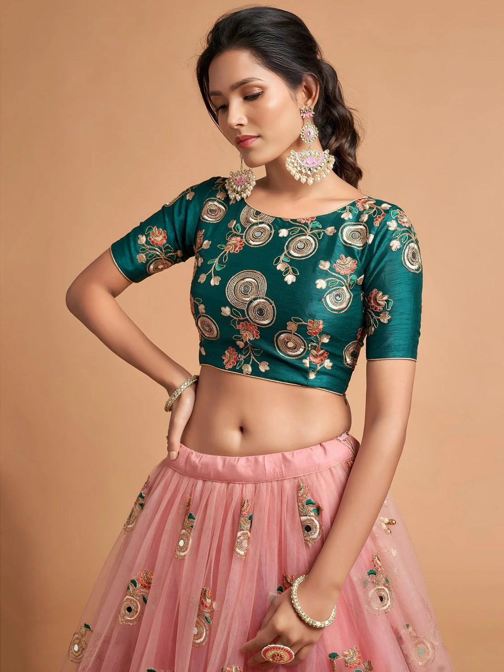 Tulsi Art Peach Thread Embroidered Net Party Wear Lehenga Choli | Grocsy