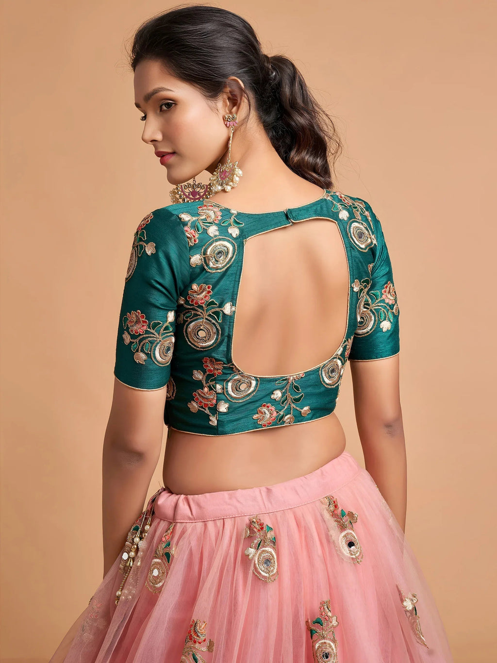 Tulsi Art Peach Thread Embroidered Net Party Wear Lehenga Choli | Grocsy