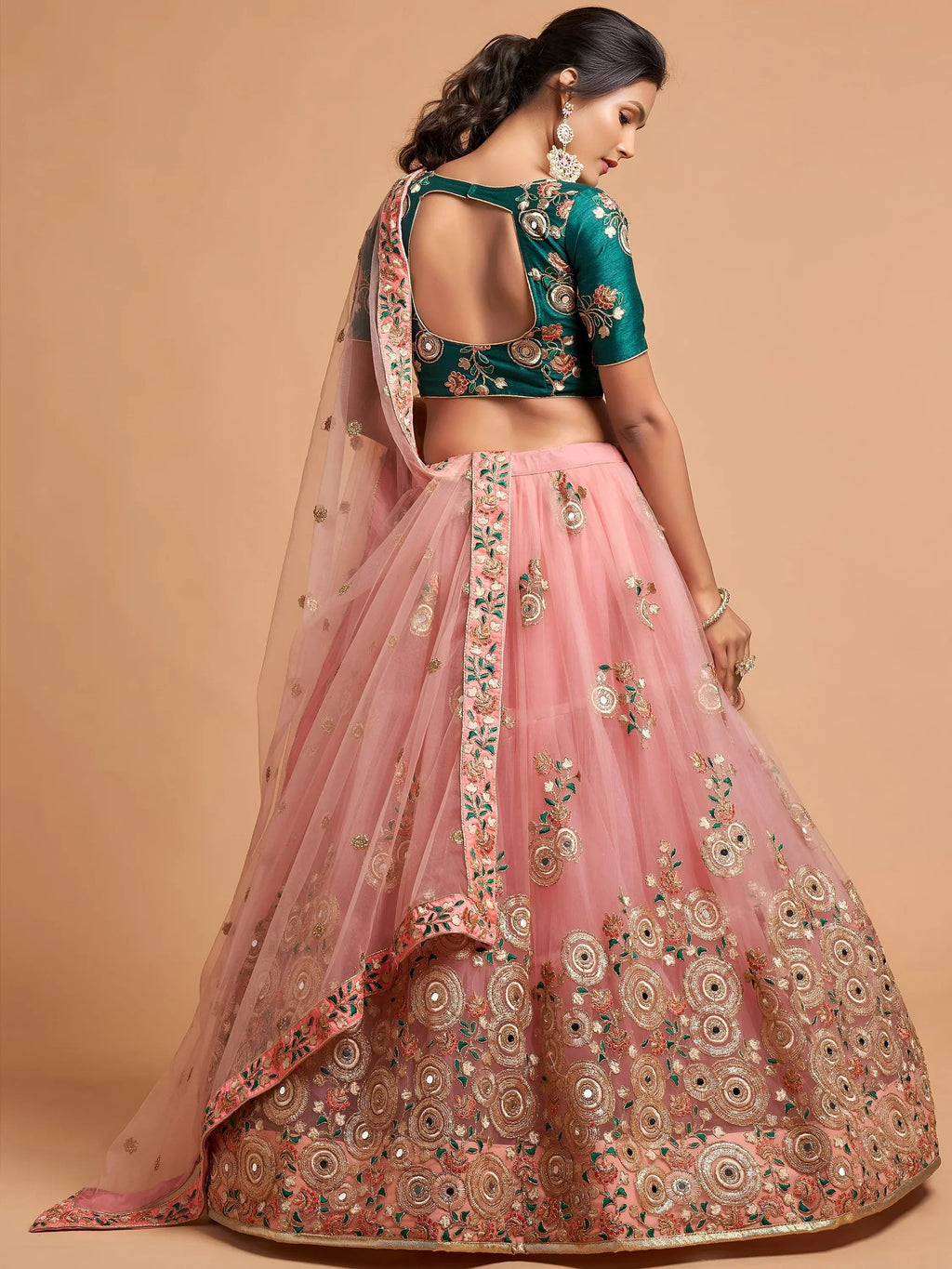 Tulsi Art Peach Thread Embroidered Net Party Wear Lehenga Choli | Grocsy
