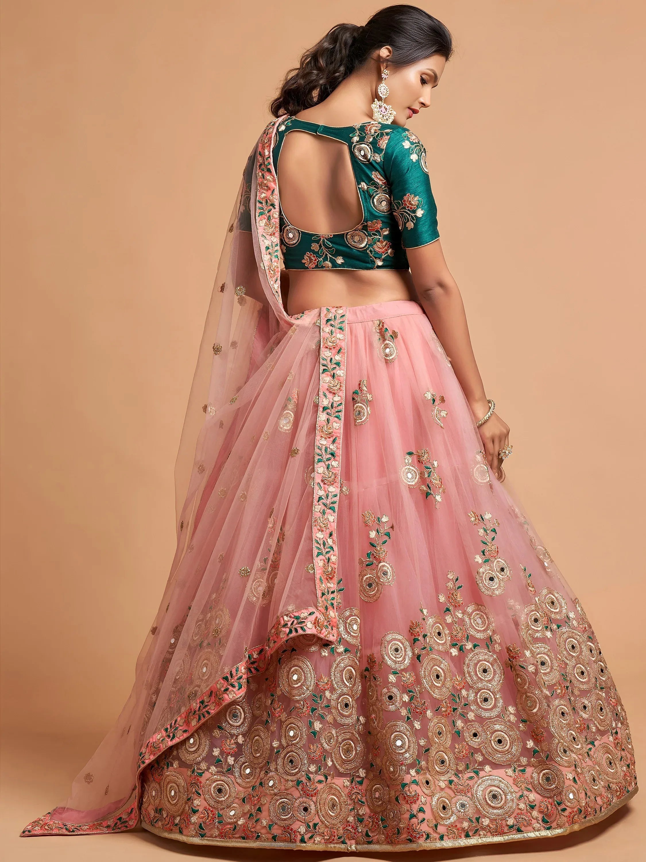 Tulsi Art Peach Thread Embroidered Net Party Wear Lehenga Choli | Grocsy